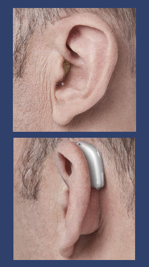 Two images that show a behind-the-ear and an in-the-ear hearing aid.